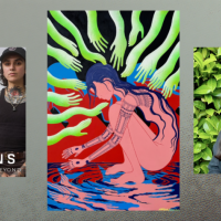 Event flyer with a flyers for the Living Tattoo Traditions: American Irezumi and Beyond Exhibition, an illustration by Erin Nagamine, and Cassie Miura's headshot.