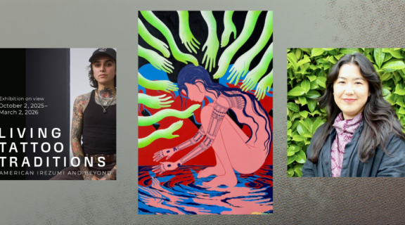 Event flyer with a flyers for the Living Tattoo Traditions: American Irezumi and Beyond Exhibition, an illustration by Erin Nagamine, and Cassie Miura's headshot.