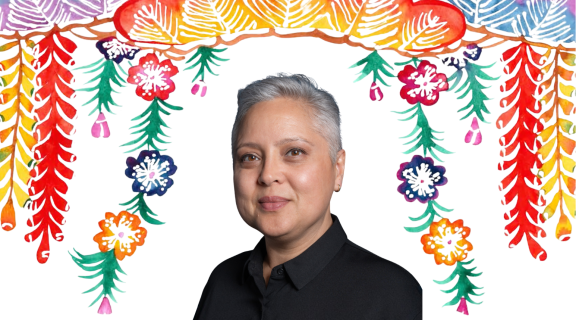 Laura Kina surrounded by clip art flowers