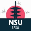 NSU logo of the SF Japantown tower against a red sun and three cranes flying around.